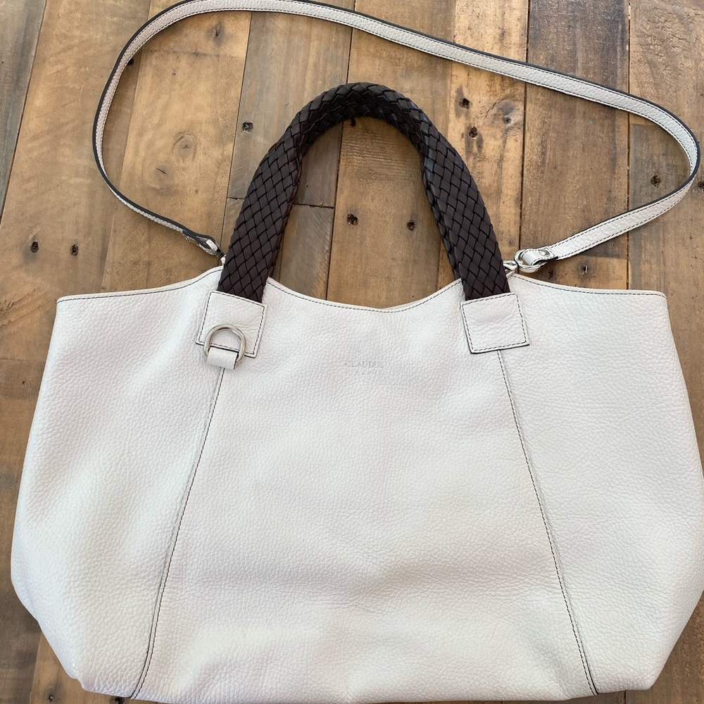 Claudia Firenze white leather neverfull oversized shoulder crossbody tote bag